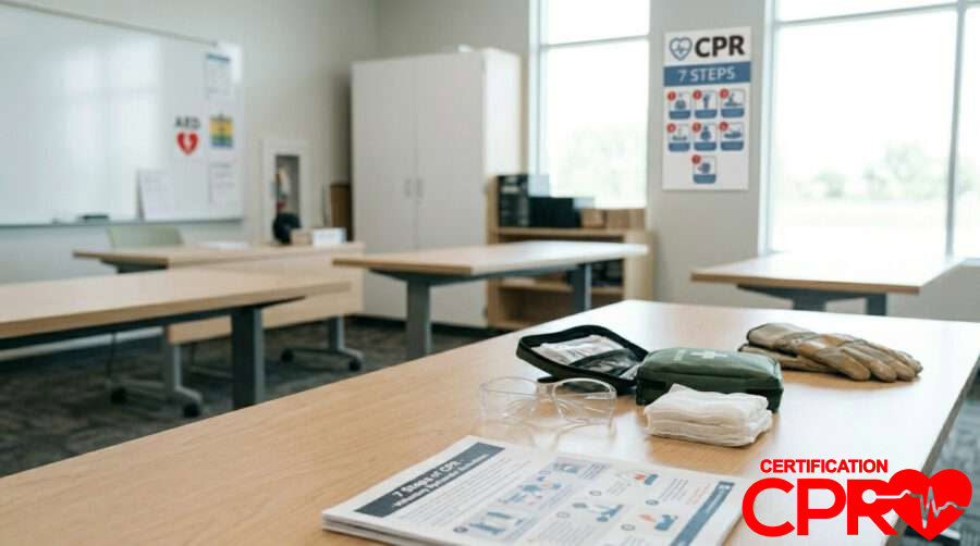 CPR training setup with manikins and instructional materials in Atlanta.