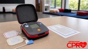 AED trainer and electrode pads for practicing voice prompts in a Atlanta CPR classroom.