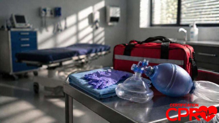 CPR training equipment in a medical classroom setting in Atlanta.