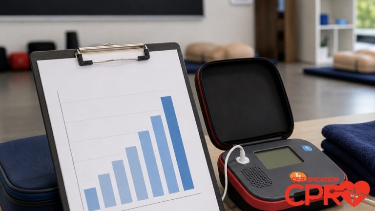 CPR statistics chart with AED trainer in a CPR classroom in Atlanta.