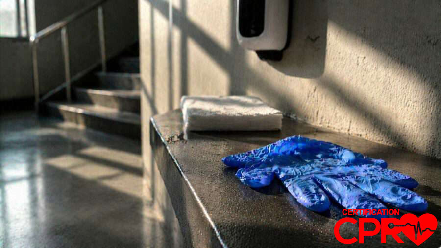 CPR training gloves and mask on a training station in Atlanta.