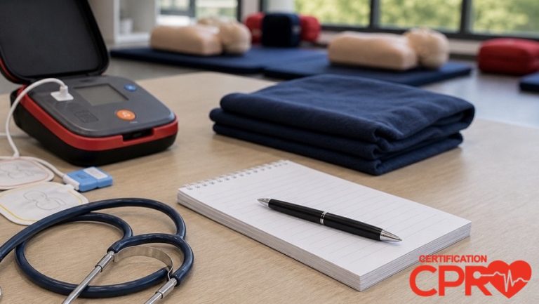 AED trainer, stethoscope, and CPR classroom supplies for an article on heart attack versus cardiac arrest in Atlanta.