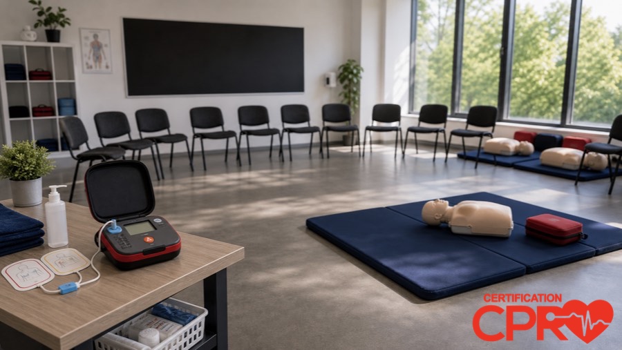 CPR classroom setup for practicing emergency response skills in Atlanta.