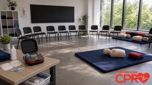 CPR classroom setup for practicing emergency response skills in Atlanta.