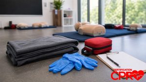 First aid training supplies for practicing seizure response in a CPR classroom in Atlanta.