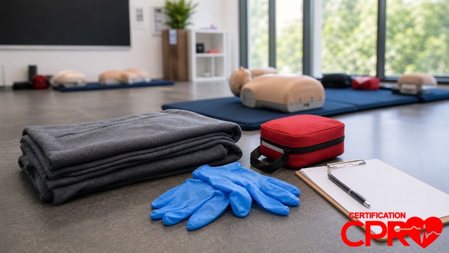 First aid training supplies for practicing seizure response in a CPR classroom in Atlanta.