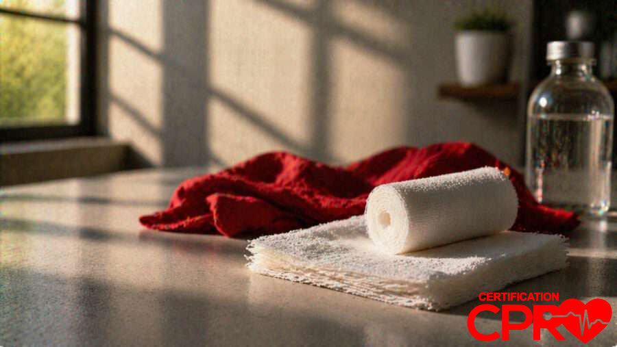 CPR certification training supplies in Atlanta, including a roll of gauze and first aid essentials.
