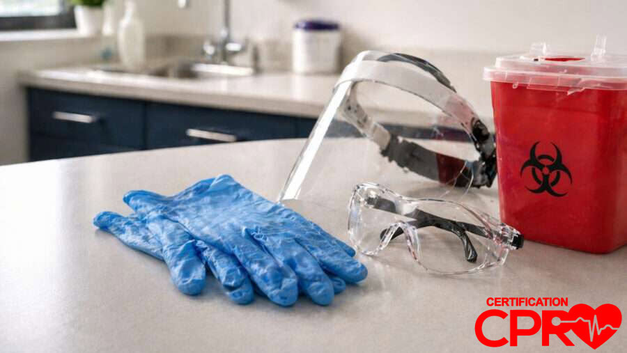 CPR training supplies including gloves, goggles, and biohazard container in Atlanta.